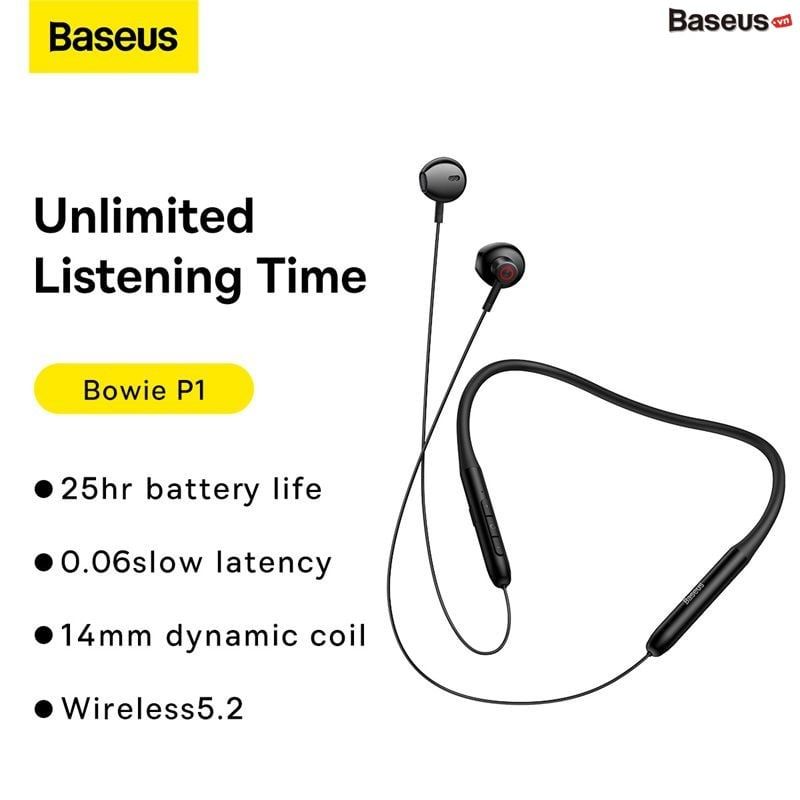  Tai Nghe Bluetooth Thể Thao, Chống nước Baseus Bowie P1 (25hr/Bluetooth 5.2, Waterproof, Half In-ear Neckband Wireless Earphones) 