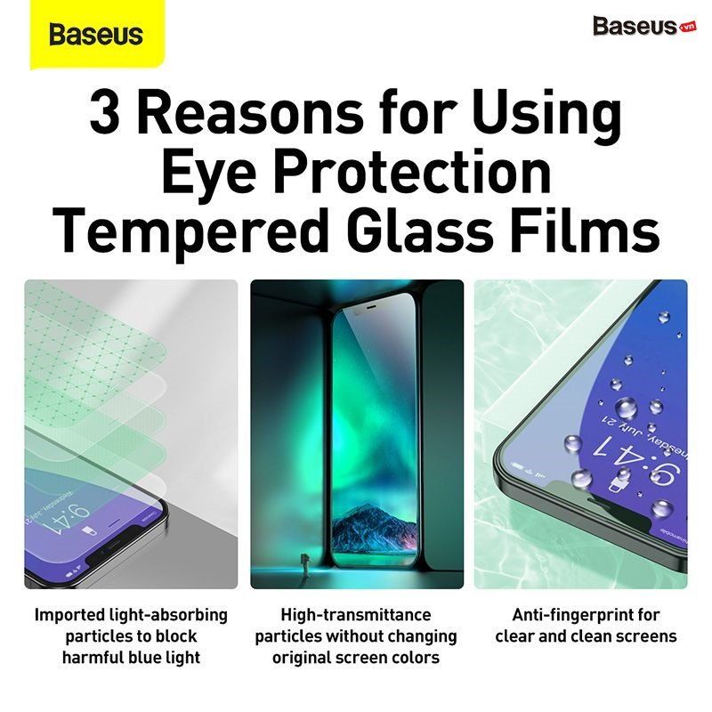  Kính cường lực chống ánh sáng xanh dành cho các dòng iPhone 12 Baseus 0.15mm Eye Protection Full Coverage Tempered Glass Film 2020 (Green Light, Secondary Hardening, 2 miếng/hộp) 