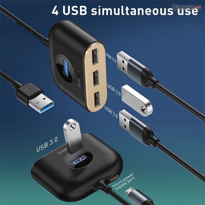  Bộ HUB chia cổng USB Baseus Square Round 4 in 1 ( Type C/ USB 3.0  to USB3.0*1+USB2.0*3 Smart Adapter) 