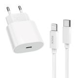  Combo Củ Sạc Nhanh 1C Kèm Cáp C to Lightning ROCK T18 20W (Work with MFi certified PD fast charging cable) 