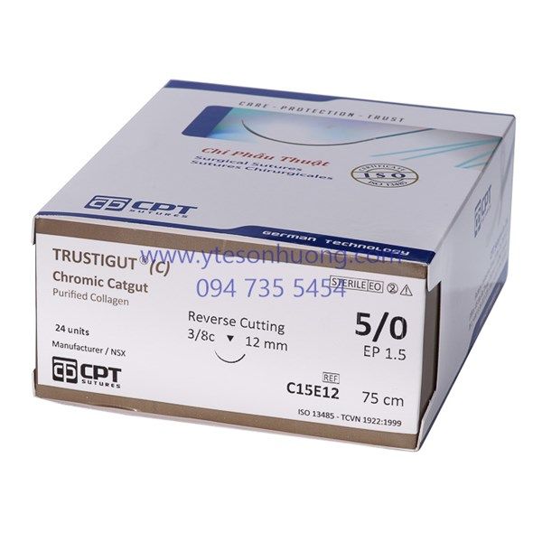 Chỉ phẫu thuật CPT Chromic 6/0 C10E12 Dài 75 cm, kim tam giác, Dài 12 mm, 3/8c