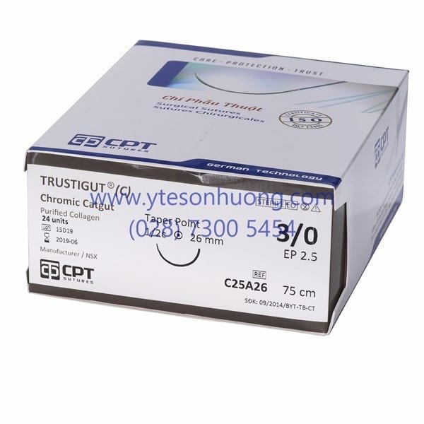 Chỉ phẫu thuật CPT Chromic 3/0 C25E26 Dài 75 cm, kim tam giác, Dài 26 mm, 3/8c