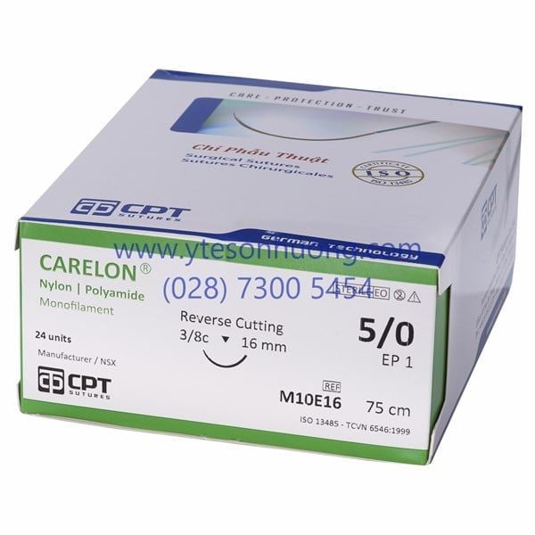 Chỉ phẫu thuật CPT Nylon 5/0 M10E16 Dài 75 cm, kim tam giác, dài 16 mm, 3/8c