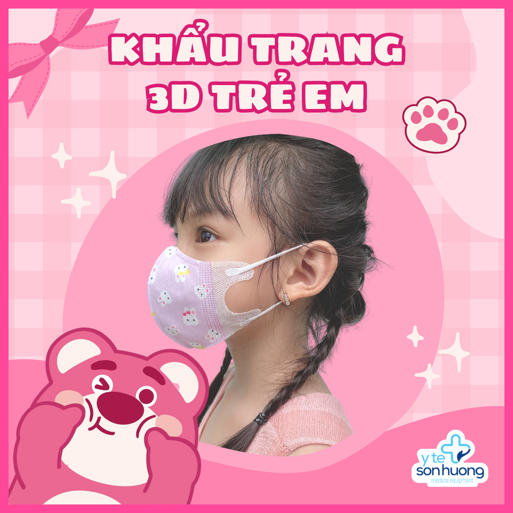 Khẩu trang 3D trẻ em họa tiết - Gấu dâu