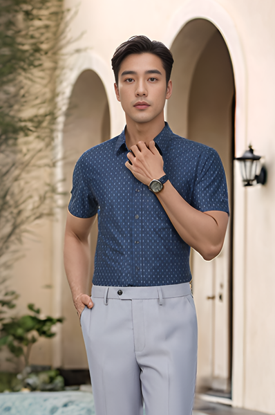 Áo sơ mi nam cộc tay For Boss họa tiết, Slimfit Tezo - 25SMCH036