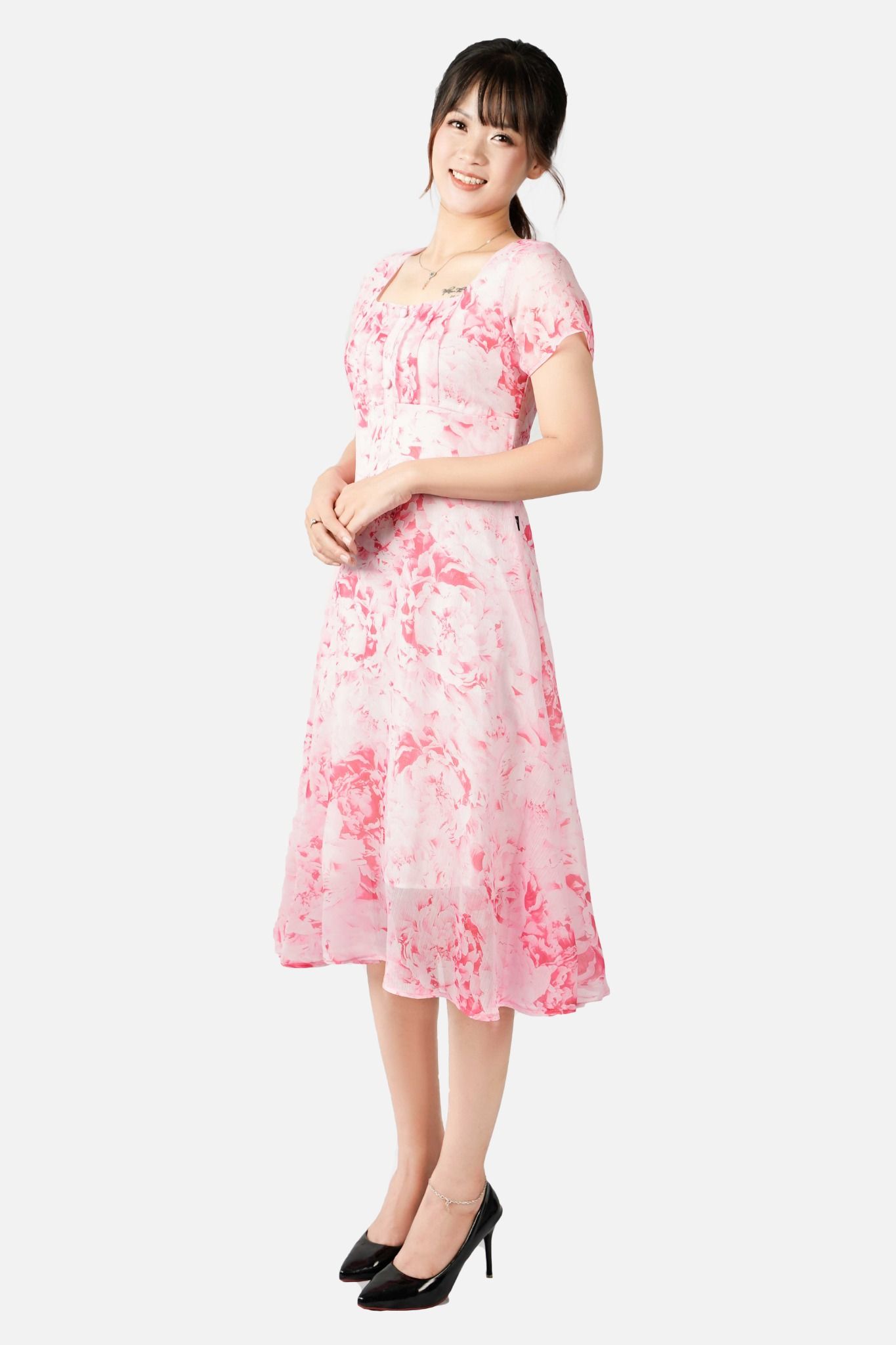Đầm nữ 2 lớp họa tiết hoa, cổ vuông ngực xếp ly chân xòe, hồng - 2105DAMH010HOG