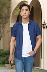 Áo sơ mi nam cộc tay For Boss kẻ sọc, Slimfit Tezo - 25SMCH038