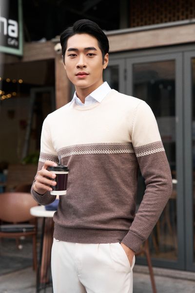 Áo len nam cổ tròn họa tiết phối ngực Tezo - 23ALOH006