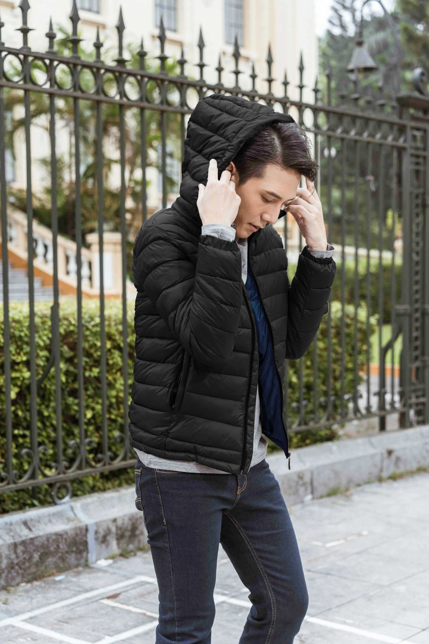 Áo phao nam bông xay, 2 mặt có mũ - 2111APBX02