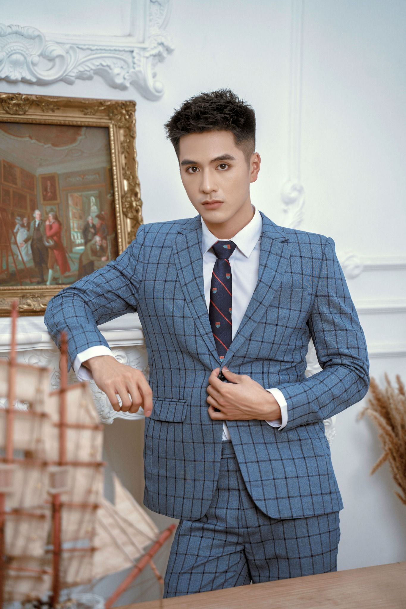 Áo vest dạ nam hàn quốc kẻ sọc chìm AV01 Xám khói