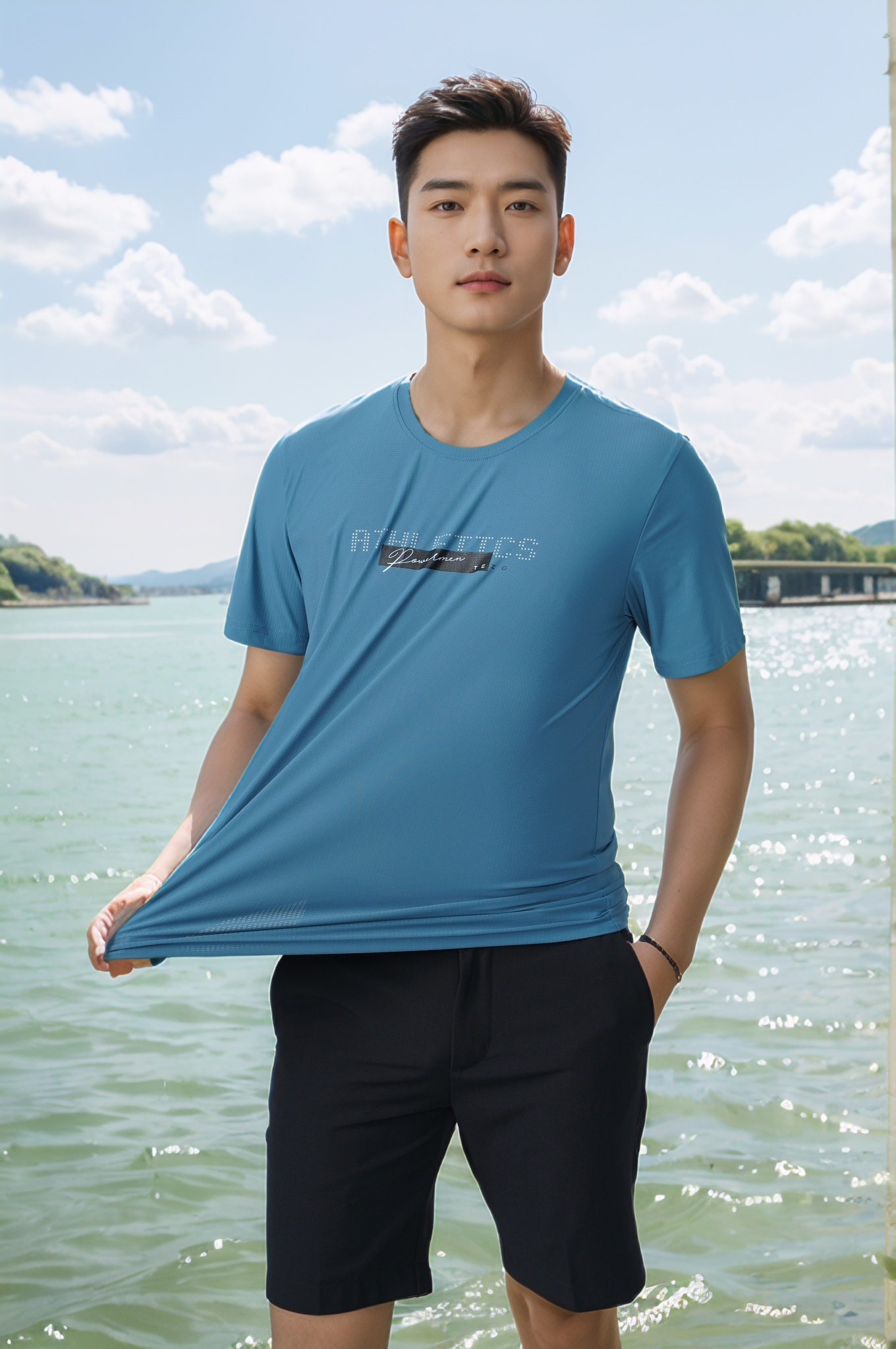 Bộ áo phông nam thể thao in ngực Tezo 25APOH037 - Quần đùi gió nam thể thao Ultra short Tezo 24QDGT008