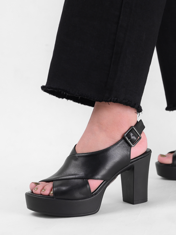 Sandal cao gót nữ da dê hai quai chéo bản to đế đúp 9cm