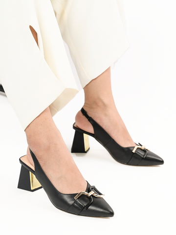 Sandal slingback nữ da thật mũi nhọn khuy kim loại