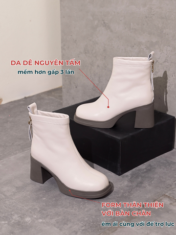Boot nữ da dê đế đúp 7cm mũi tròn trơn có khóa sau  MONICA 3501