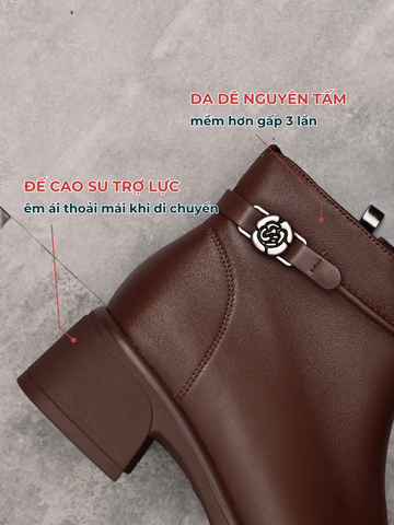 Boot nữ da dê 4.5cm mũi tròn trơn khóa cạnh đai gắn hoa B6218