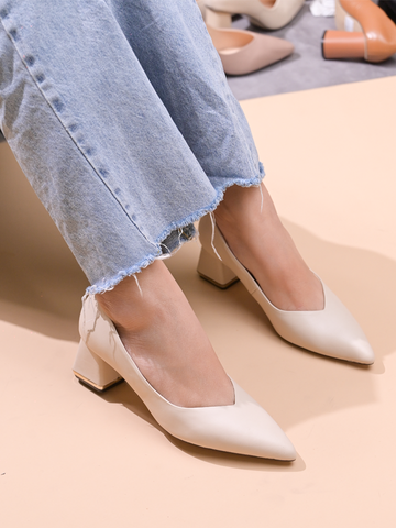 Giày cao gót nữ da thật khoét V đế trụ viền kim loại 6cm