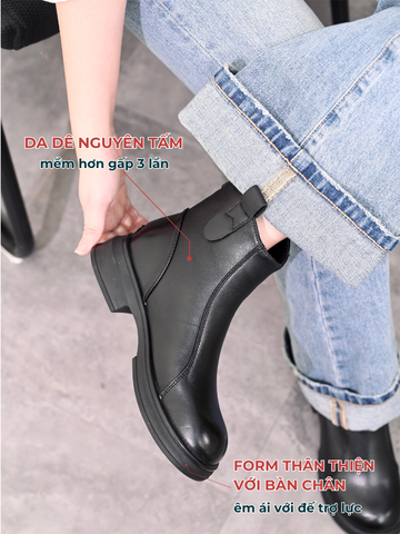 Boot nữ da dê 3.5cm mũi tròn trơn khóa sau hai bên đai KATE 53108