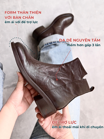 Boot nữ da dê nhăn 4cm mũi tròn trơn khóa cạnh CORA 5818