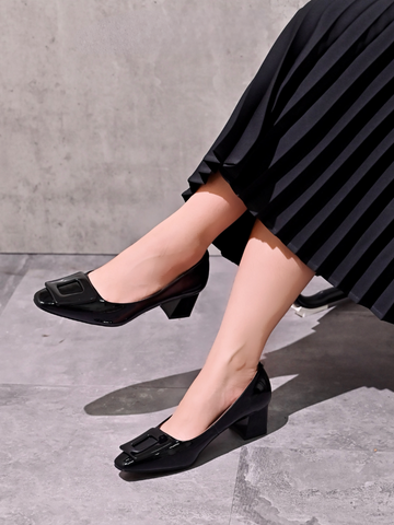 Giày 4,5cm da dê patent cao cấp xuất dư mũi khuy 2658