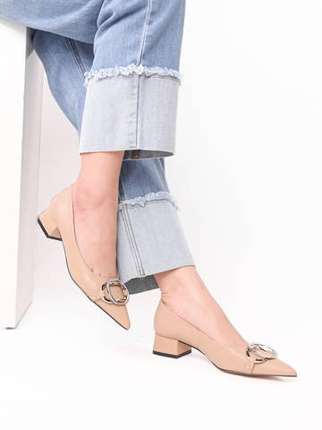 Giày cao gót công sở nữ da thật mũi nhọn đế trụ thấp