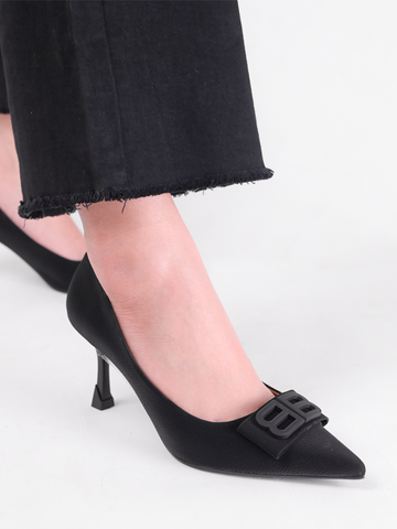 Giày công sở nữ da mềm mũi nhọn gắn nơ đúp chữ B gót nhỏ 7cm hàng VNXK