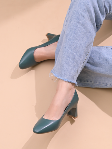 Giày công sở nữ da bò Ý mũi vuông thon gót lượn 6cm 555UKA221122