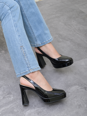 Sandal Slingback cao gót nữ da bóng mũi vuông đế đúp cao 10cm 555BAI230323