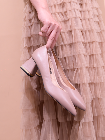 Giày cao gót nữ da thật khoét V đế trụ viền kim loại 6cm