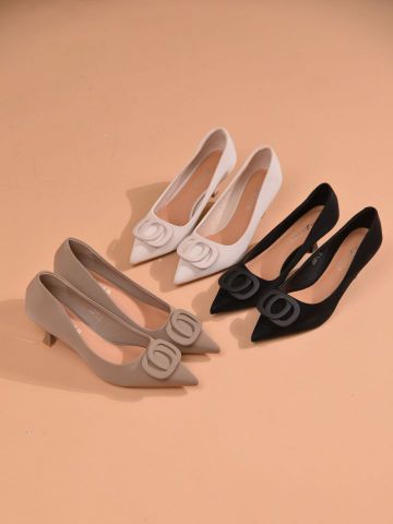 Giày cao gót mũi nhọn khuy tròn lồng gót loe 5cm