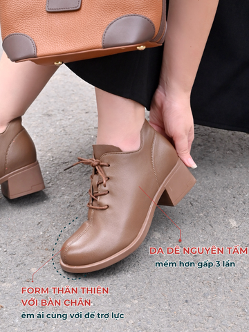 Boot nữ da dê nguyên miếng buộc dây Lacey mũi tròn trơn gót vuông 4cm 5060-6