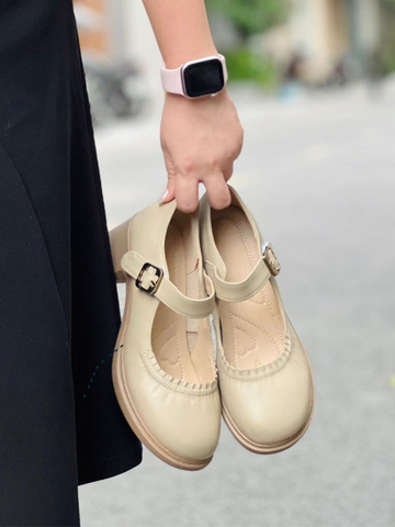 Giày maryjane da dê cao 4.5cm mũi tròn rúm quai ngang STELLA 23090-2