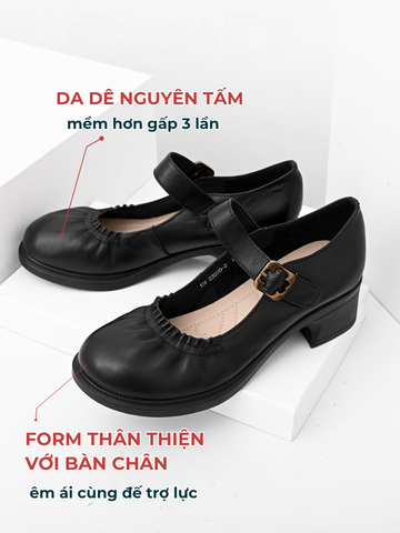 Giày maryjane da dê cao 4.5cm mũi tròn rúm quai ngang STELLA 23090-2