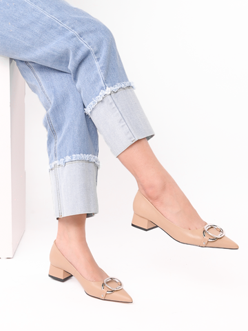 Giày cao gót công sở nữ da thật mũi nhọn đế trụ thấp