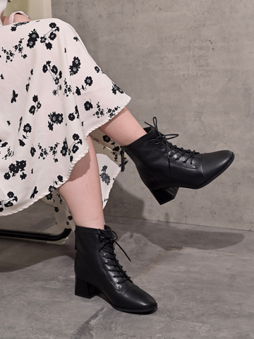 Boot nữ da dê 4.5cm buộc dây mũi captoe khóa sau HOLLY 9569-6