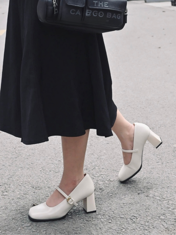 Giày maryjane cao 6.5cm da microfiber mũi vuông quai ngang khuy kim loại