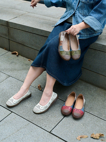 Giày bệt da dê mềm mại đế bằng 2cm dập lazer P32