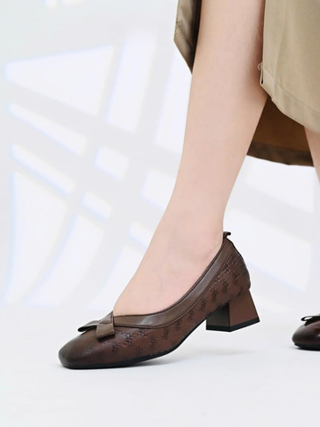 Giày da dê 4cm mũi vuông nơ bề mặt da đan nhỏ sole 2325