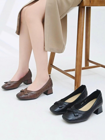 Giày da dê 4cm mũi vuông nơ bề mặt da đan nhỏ sole 2325