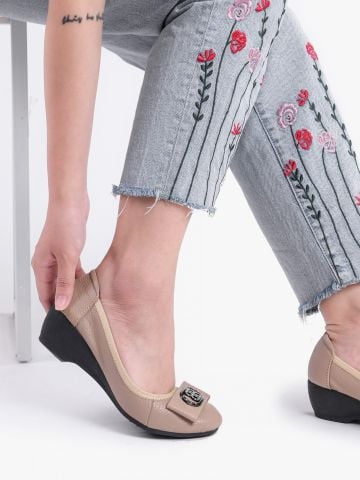 Giày nữ da thật đế xuồng mũi nơ BB đính đá