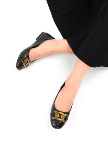 Giày búp bê nữ da thật mũi tròn đính kim loại sắc nét