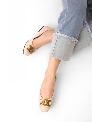 Giày búp bê nữ da thật mũi tròn đính kim loại sắc nét