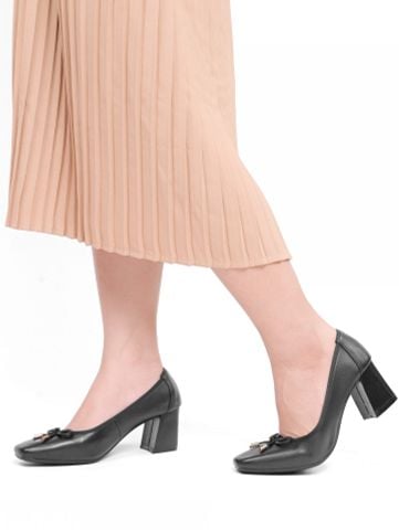 Giày cao gót nữ da thật mũi vuông gắn nơ mảnh