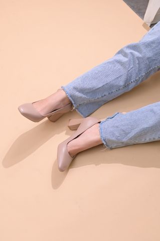 Cao gót công sở da bò Ý mũi vuông gót đa giác 7cm