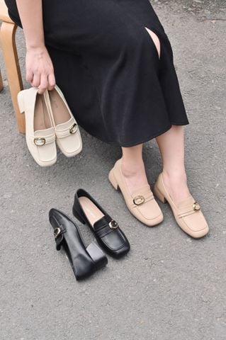 Giày mocassin đế cao 3.5cm da microfiber mũi moca khuy kim loại tròn