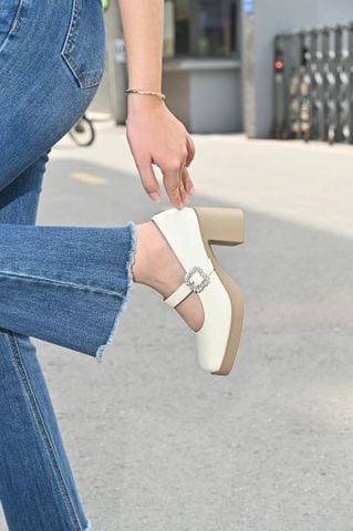 Giày maryjane 7cm da bóng mềm mũi vuông quai ngang gắn đá vuông