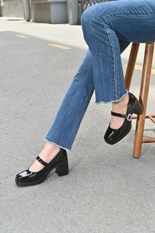 Giày maryjane 7cm da bóng mềm mũi vuông quai ngang gắn đá vuông