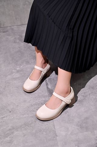 Giày da dê 5cm mũi tròn quai ngang gắn khuy tròn  81119-3
