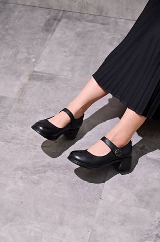 Giày da dê 5cm mũi tròn quai ngang gắn khuy tròn  81119-3