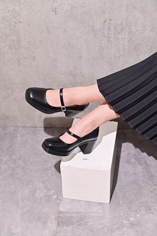 Giày maryjane 6.5cm đế đúp mũi vuông trơn quai ngang - 909-3