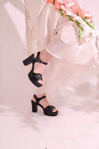 Sandal da dê 9cm mũi tròn quai ngang cài khuy ZYRA 7070